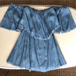 denim colored off the shoulder dress